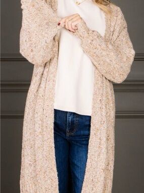 Tribal Cozy Long Open-Front Cream Knit Cardigan
